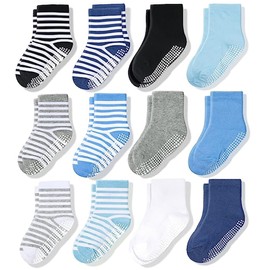 CozyWay Toddler Boy Socks With Grippers Non Slip Crew Grip Socks for Boys Soft Comfy Cotton - 1T-3T Multi Color Blue - 12 Pack