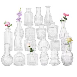 YINGERHUAN Set of 20 Glass Bud Vases,Small Clear Vases,Wedding Centerpiece Table Decorations,Clear Vintage Embossed Mini Vases,Flower Arrangements in Vases for Party or Home Decor
