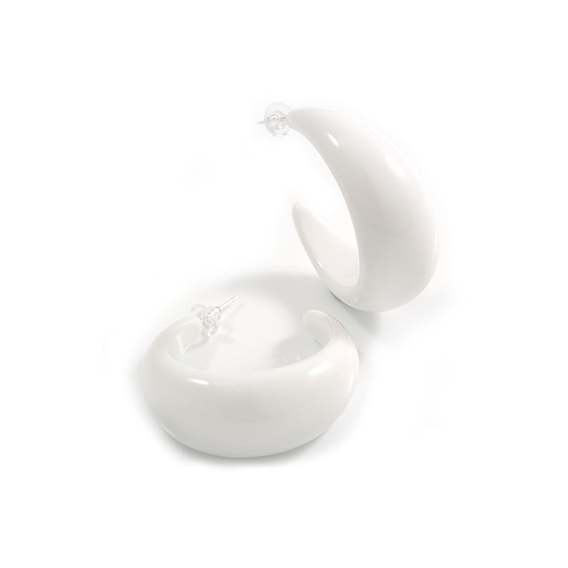 White Acrylic Half Hoop Earrings - 40mm D