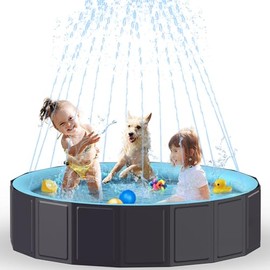 Rywell Dog Pool for Large Dogs, Foldable Pet Wading Pool with Splash Sprinkler, Outdoor Summer Bathtub Heavy Duty for Puppy, Doggie, Cats, Duck -Blue -63 x 12 Inches