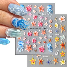 ONPRESS 2 Sheet 5D Embossed Colorful Starfish Flower Nail Stickers Spring Summer Floral Nail Art Stickers Blue Ocean Jellyfish Nail Decals Vacation Mix-Color 3D Self-Adhesive Nail Supplies Nail Decor