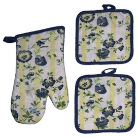 Set of 3, Blue Flower Spring Collection Printed Decorative Non-Slip, Heat Resistant Kitchen Towel Set Includes 2 Potholder, 1 Oven Mitt.