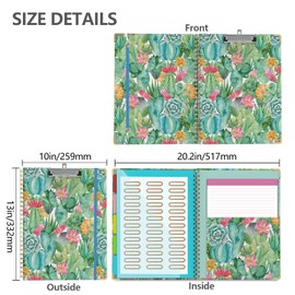 Clipboard Folio with Notepad for Letter Size (11" x 8.5"), 5 Extra Folders with Storage 10 Pockets, 39 File Folder Labels, Elastic Closure Spiral Clipboard with Storage(Cactus Flowers)