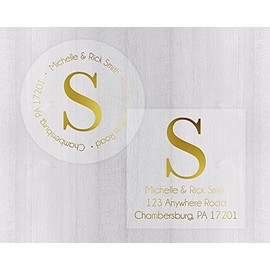 Foiled Return Address Label, Clear Transparent Initial Return Address Sticker, Round Return Address Label (#461-CF)