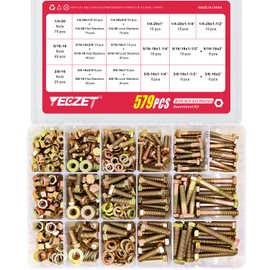 YEEZET 579PCS Grade 8 Heavy Duty Bolts and Nuts Washers Kit, 1/4-20 5/16-18 3/8-16 Hex Bolts Nuts Assortment Kit, Includes 15 Most Common Sizes