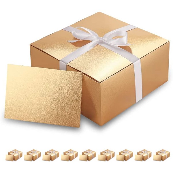 PACKHOME 10 Gold Gift Boxes 8x8x4 Inches, Bridesmaid Boxes, Paper Gift Boxes with Lids for Gifts, Crafting, Cupcake Boxes, with Greeting Cards and Satin Ribbons Glossy with Embossing