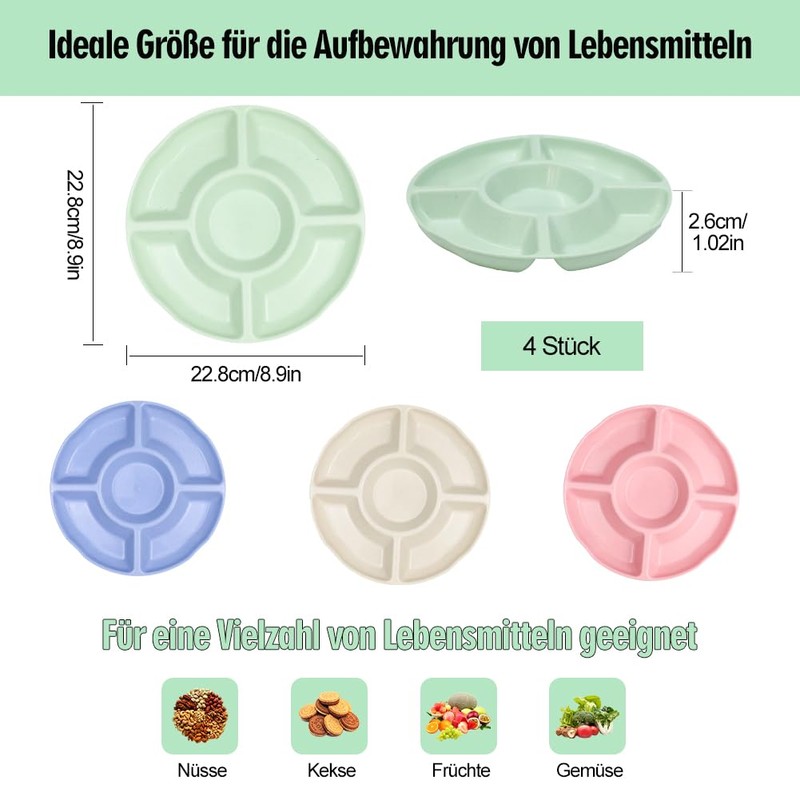 agctrler Pack of 4 Snack Plates with 5 Compartments, Stackable