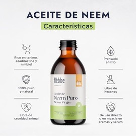 HEBBE - Aceite de Neem | Mejora, Repara y Protege la Piel | Promueve la Síntesis de Colágeno y Ayuda en el Tratamiento del Acné Inflamatorio | Alivia el Picor de la Varicela | Contenido de 250 ml