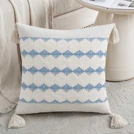Fancy Homi Set of 2 Boho Light Blue Decorative Throw Pillow Cover 18x18 Inch for Couch Bed Sofa, Aesthetic Farmhouse Home Decor, Soft Cotton Cute Accent Macrame Woven Cushion Case with Tassels