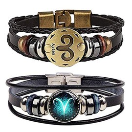 NIGHTCRUZ Constellation Braided Rope Bracelet - Punk Alloy Leather Bracelet - Hand Woven Braided Rope Bracelet Punk Chain Cuff 2 PCS (Aries)