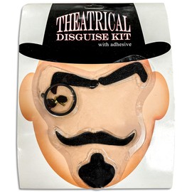 Disguise Kit with Moustache, Eyebrows, Soul Patch & Monocle | Disguise Costume Kit Package With Adhesive | Facial Hair Costume Set | Theater Makeup Kit | Black