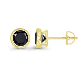 Yellow Gold Plated 925 Sterling Silver 6mm Round Bezel Set Natural Black Onyx Birthstone Screwback Stud Earrings