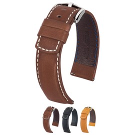 Hirsch Mariner Leather Watch Strap - Brown - L - 18mm / 16mm - Shiny Silver Buckle - Water Resistant Calf Leather Band
