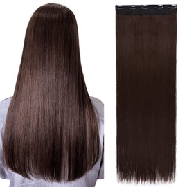 Clip-In Real Hair Extensions, Medium Brown, Hair Extensions Hairpiece, Heat-Resistant, Straight, 1 Weft, 5 Clips, 76 cm (30-inch) – 150 g