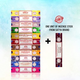 Set of 15g Nag Champa, Lavender, Patchouli, Musk, Reiki, Rose, Positive Vibes, Spiritual Healing, Dragon Blood, Sandalwood, Vanilla + Free One Unit of 15g Satya Incense