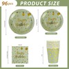 Pack of 96 Sage Green and Gold Party Tableware, Happy