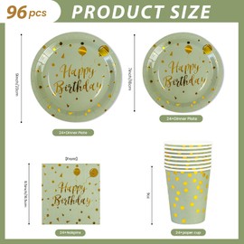 Pack of 96 Sage Green and Gold Party Tableware, Happy Birthday Sage Green Gold Birthday Party Tableware Cups Napkin Paper Plates Set for Girls Children Birthday Party Table Decoration 24 Guests