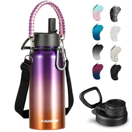 32 oz Insulated Water Bottle with Paracord Handles & Strap, 2 Lids(Straw Lid&Spout Lid), Stainless Steel Reusable Wide Mouth Metal Water Bottle With Straw, Double Walled, Thermo Mug（Tropical Fruit)