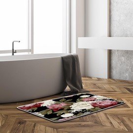 CCNSTMS Black Floral Bath Mat Vintage Burgundy Red Pink Rose Flower White Peony Rustic Botanical Women Girl Bathroom Rug Room Decor Doormat