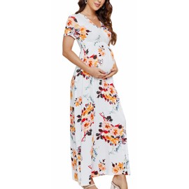 Xpenyo Women's Floral Maternity Dresses Summer Casual Short Sleeve V Neck Wrap Long Maxi Dress Pregnancy Clothes for Baby Shower, Photoshoot, Party, Daily, Nursing, White Camellia M