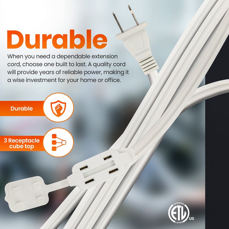 [UL Listed] 12 Feet White Extension Cord, 3 Outlet, 2