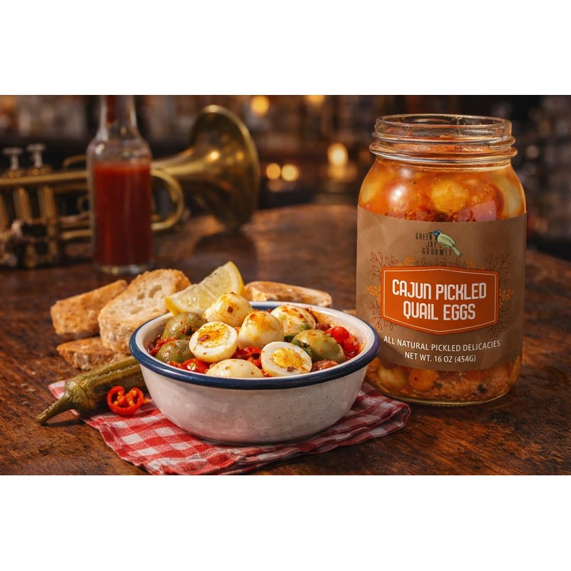 Green Jay Gourmet Cajun Pickled Quail Eggs in a Jar
