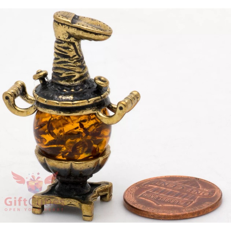 Solid Brass Amber Figurine of Russian Samovar Teapot Totem talisman