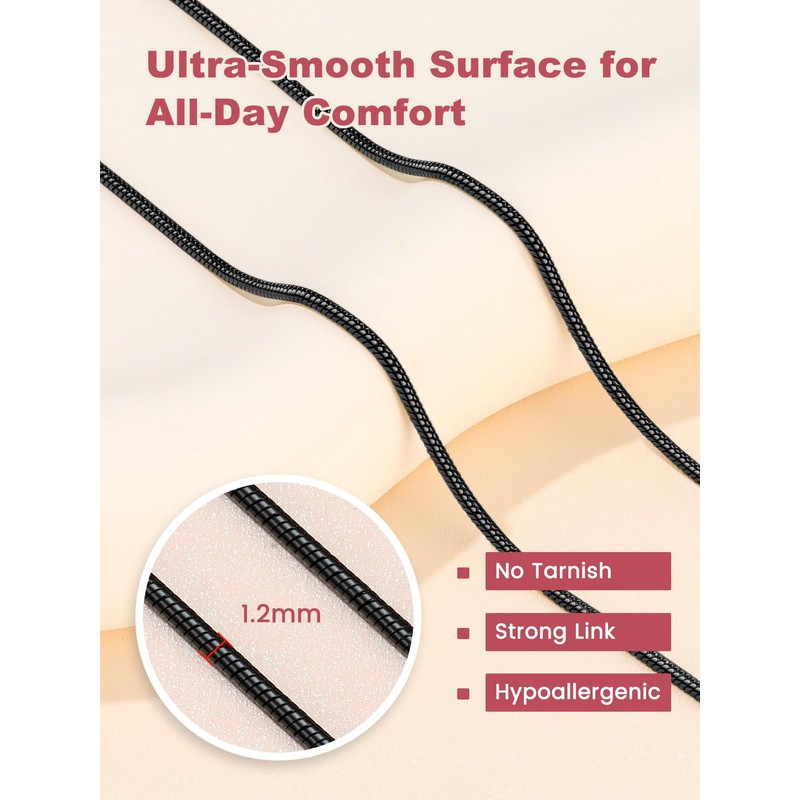 FOCALOOK Snake Chain 1.2MM Thin Solid Black Chain Necklace for