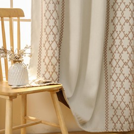 Beige 100% Blackout Boho Linen Embroidered Curtians 2 Panels, Geometric Curtains, Noise Reducing Grommet Top Window Drapes for Bedroom/Nursery, 52W x 84L