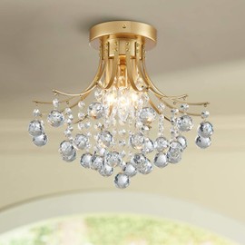 Bestier Modern Gold Crystal Semi-Flush Mount Chandelier Lighting Ceiling Light Fixture Lamp for Diningroom Bathroom Bedroom Livingroom 3 E12 Bulbs Required D13.5 inch X H11.6 inch