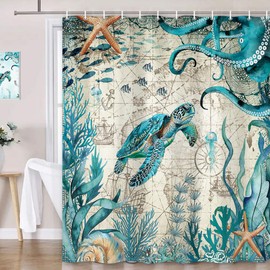 Dongbei Sea Turtle Octopus Shower Curtain Blue Teal Ocean Bathroom Curtain Fish Underwater Animal Seashell Jellyfish Coastal Nautical Theme Bathroom Decor Set Hooks Included 70X70IN