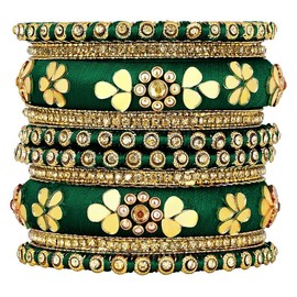 Aheli Synthetic Stone Studded 2.6 Inch Green Silk Thread Bangles Set Ethnic Fashion Jewellery Gift for Women