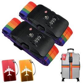 Luggage Strap Suitcase Strap with 2 TSA Combination Lock, 2 Pieces Adjustable Cross Luggage Strap Luggage Strap + 2 Pieces Luggage Tags with Name Plate & Address Label for Safe Travel (Colourful)