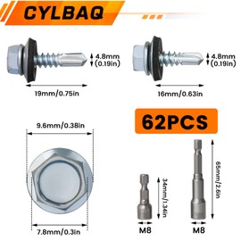 CYLBAQ 4.8x16/19mm Self-Drilling Roofing Screws, 62pcs Hex Head Self Tapping Screws, Hex Head Self Drilling Roof Screw with Rubber Sealing Washer, with Hex Socket