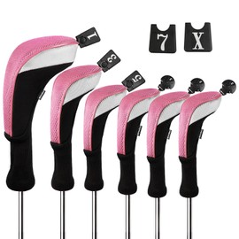 Andux Golf Club Head Covers 6pcs/Set Long Neck (3 Hybrid Covers + 3 Wood Covers) Pink