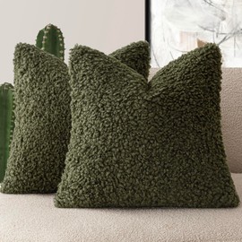 Foindtower 2 Fundas de Almohada de Piel Sintética Verde Oliva de 45 X 45 Cm, con Acentos de Sherpa, Suaves Y Acogedoras, de Piel de Oveja, Decorativas, para Cama, Sofá Y Sala de Estar.