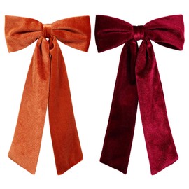 5.5in Burnt Orange Wine Red Velvet Long Tail Hair Bow Clip for Women