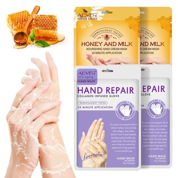 4 Paar Feuchtigkeitsspendende Peeling-Handmaske mit Honig & Milch mit Natürlichen Pflanzenextrakten, Kollagen, Aufhellung & Anti-Aging, Reparatur Rauer Haut (Honig&Lavendel)