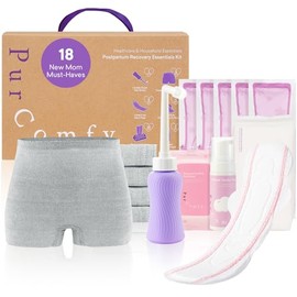 PurComfy 18 Pcs Postpartum Essentials Recovery Kit, Includes 5 Disposable Underwear, 24 Perineal Pad Liners, Perineal Care Foam, 5 Instant Ice Pads, Peri Bottle and 5 Postpartum Pads