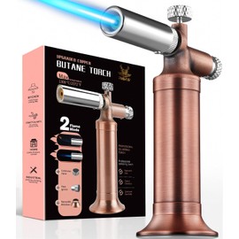 Ravs Copper Butane Torch, Dual Flame Torch Lighter, Kitchen Torch with Lock, Mini Torch for Soldering, Creme Brulee Torch for Baking, Refillable Food Cooking Torch, Rose gold- Butane Gas Not Included