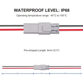 HISports 2-Pin DT Connector Kit, Waterproof DT Electrical Wire Connector 2 Pin Way Sealed Gray Male and Female Auto Waterproof Electrical Wire Connector Plug, for Motorcycle, Scooter, Car, Boats