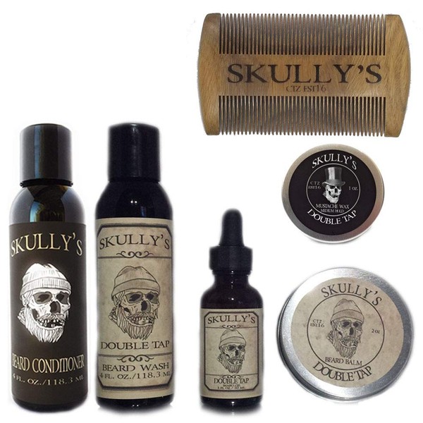 Skully's Ultimate Double Tap Beard Care Kit (Fresh and Clean Barber Shop Scent) - Beard Oil, Beard Balm, Beard Comb, Beard Conditioner, Mustache Wax for Men