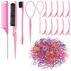SOSPIRO 1000pcs Small Elastic Hair Bands with 10pcs Hair Clips, 3pcs Hair Brush, 2pcs Topsy Tail Hair Tool, Colorful Hair Rubber Ties with Styling Braiding Accessories for Kids Women Hair Styling