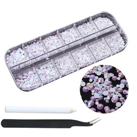 1500pcs White Flatback Rhinestones 3 Sizes Glass AB Crystal Diamonds for Nail Art Eye Jewels Crafts Clothes Shoes Make up Round with Tweezers and Picking Pen for Women Girls Manicure