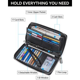 BOSTANTEN Leather Wallets for Women RFID Blocking Zip Around Credit Card Holder Phone Clutch Black