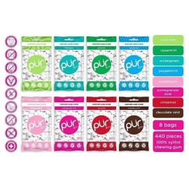 PUR Xylitol Chewing Gum 8 Flavor Variety (55 Pieces, 8 Pack) Sugarless Vegan