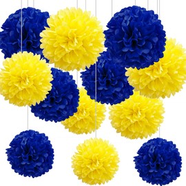 12pcs Blue and Yellow Tissue Paper Pompoms,Hanging Paper Pom Poms for Blue and Yellow Party Decoration