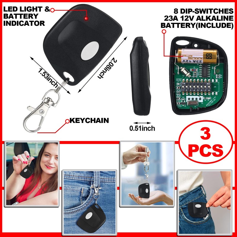Kingdder 3 Pcs 8 Dip Switch 310mhz Garage Door Remote