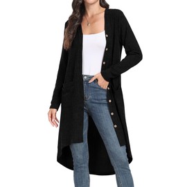 GRECERELLE Women's Long Cardigan Elegant Thin Ribbed Long Sleeve with Button Placket and Pockets, 01 black