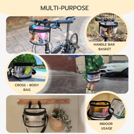 Kids Bike Basket - Transparent Bicycle, Scooter Handlebar Front Bag - Convert to Crossbody Bag (Black Velcro Strap)